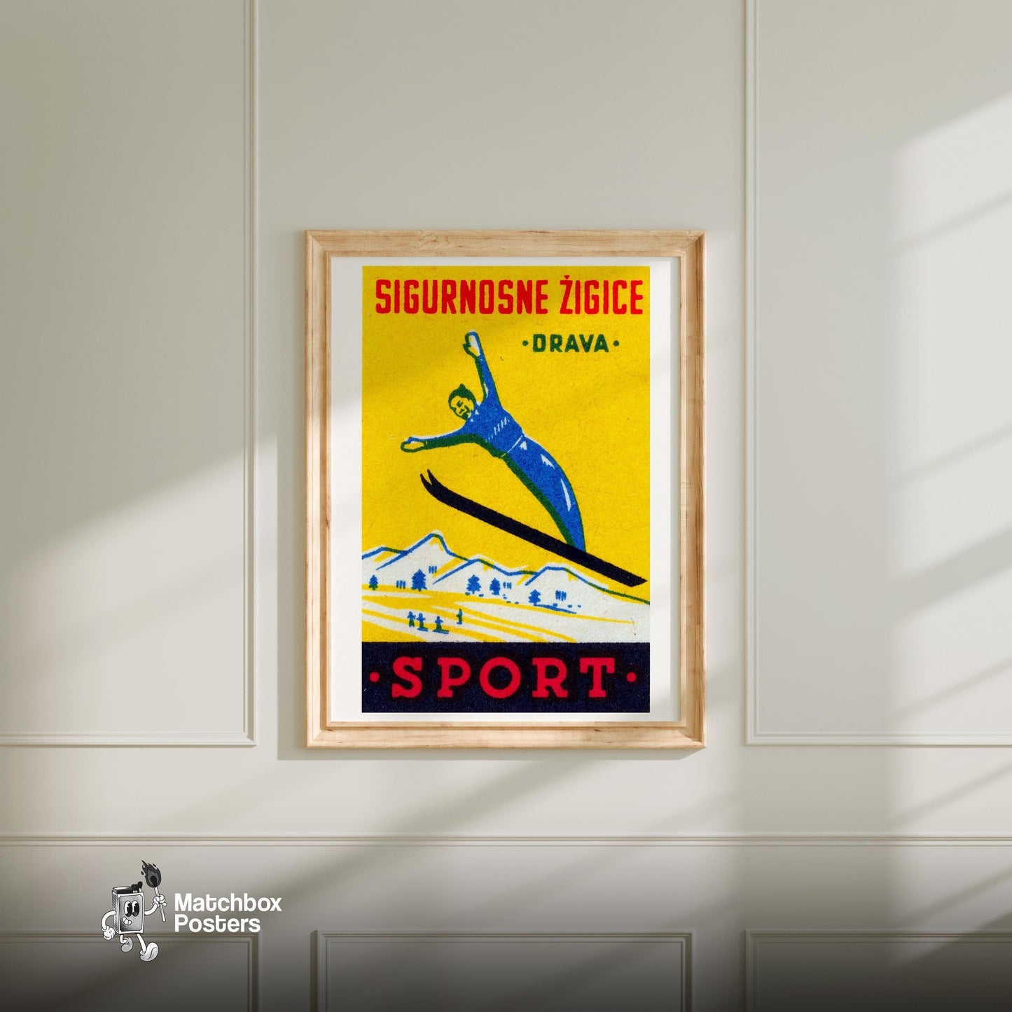 Ski Jumper - vintage matchbox label print - bedroom mockup