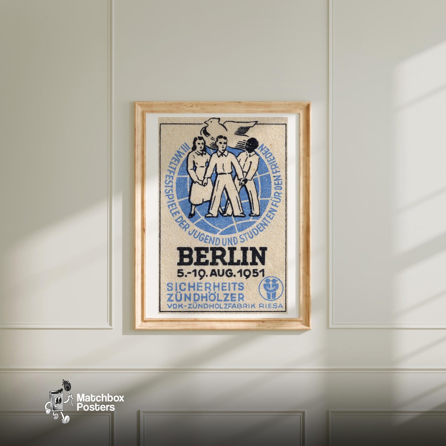 Three People Holding Hands - vintage matchbox label print - bedroom mockup