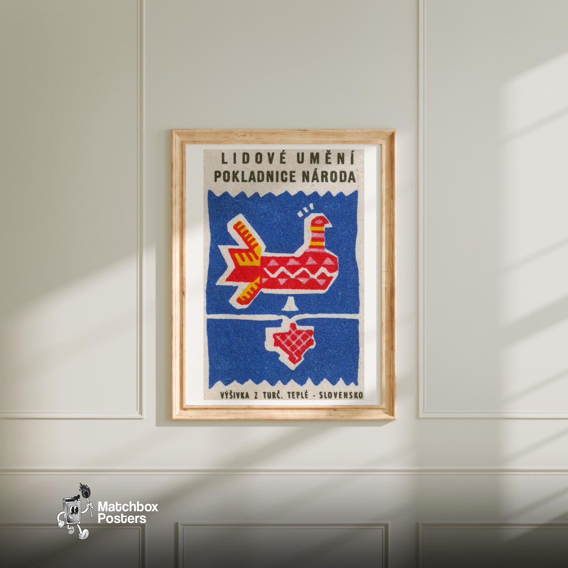 Red Bird - vintage matchbox label print - bedroom mockup