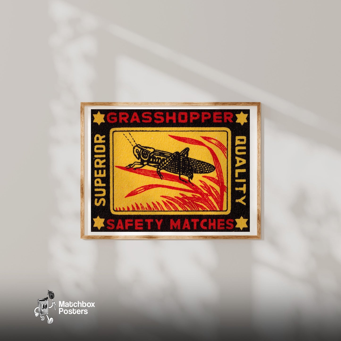 Grasshopper - vintage matchbox label print - bedroom mockup