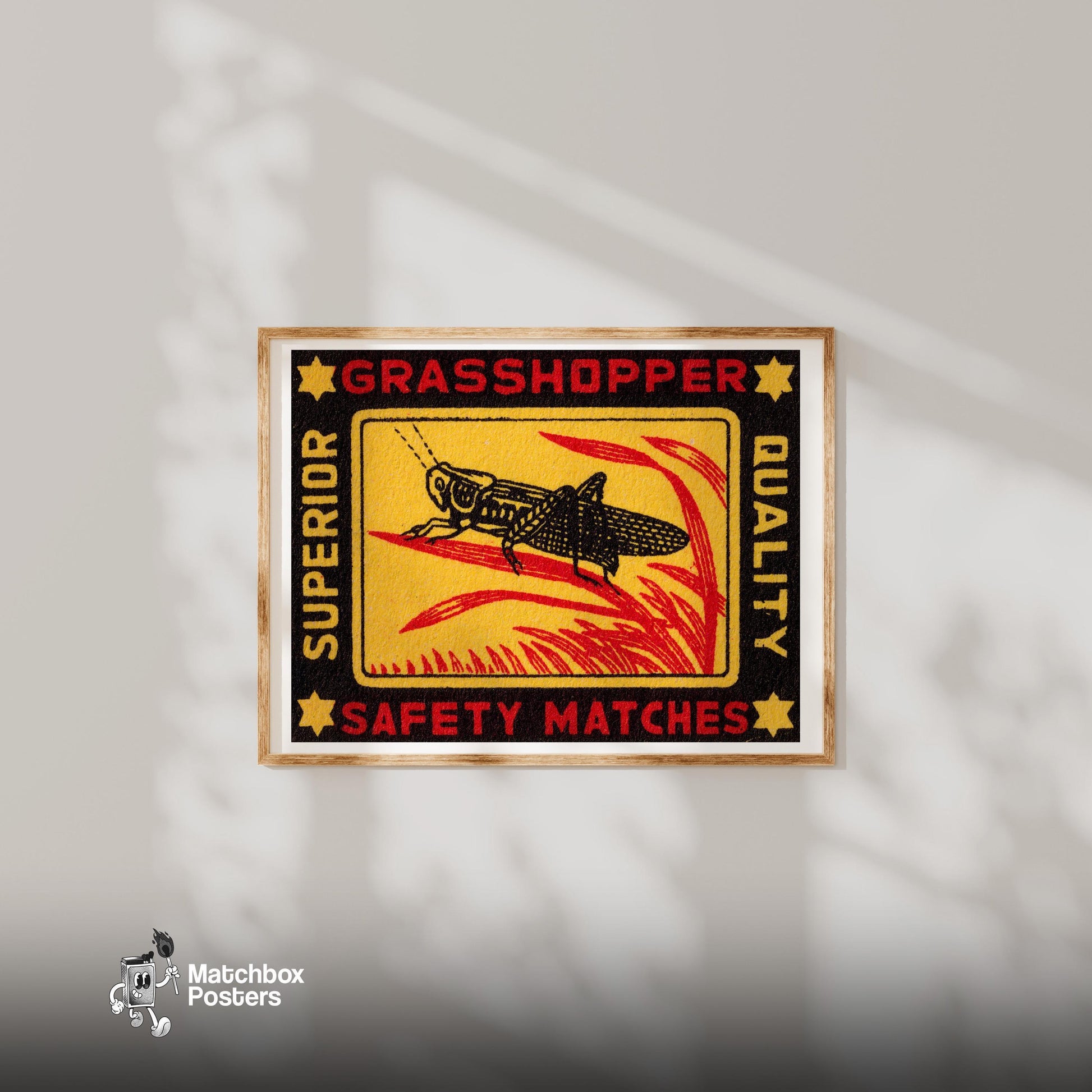 Grasshopper - vintage matchbox label print - bedroom mockup