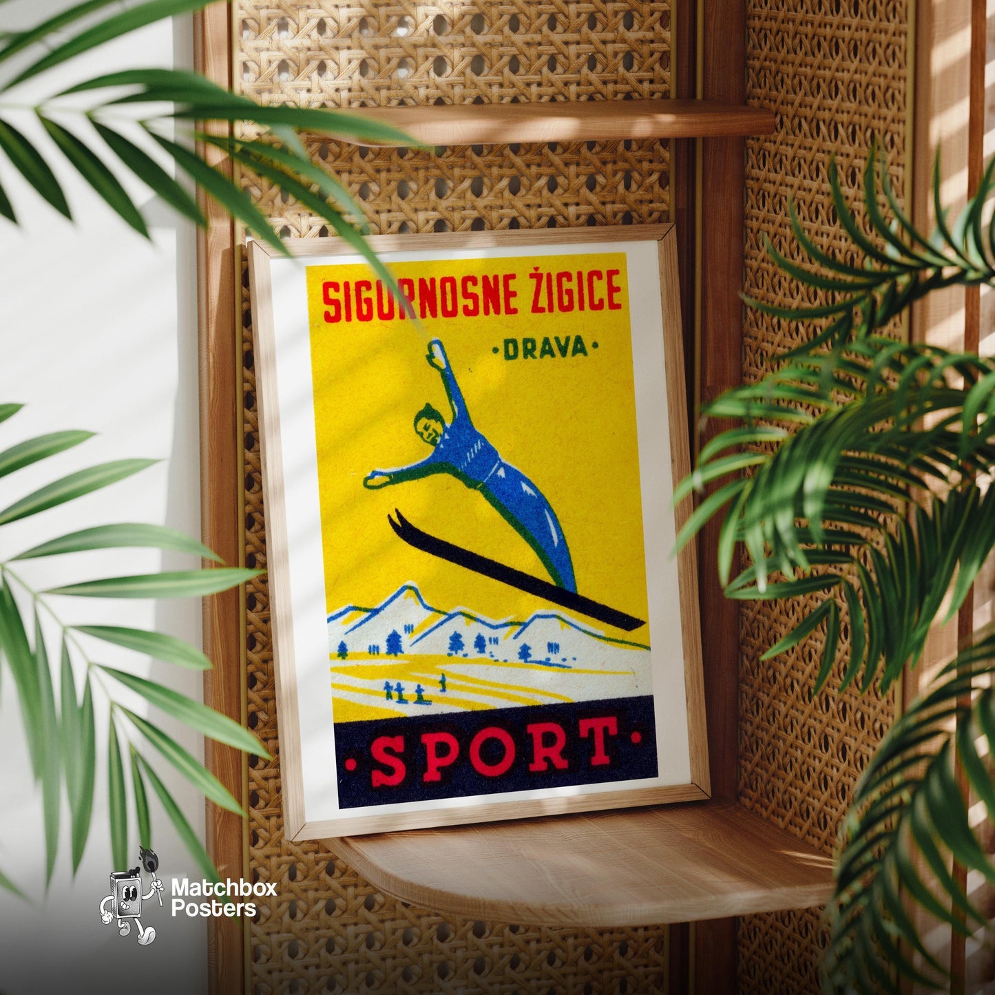 Ski Jumper - vintage matchbox label print - office wall