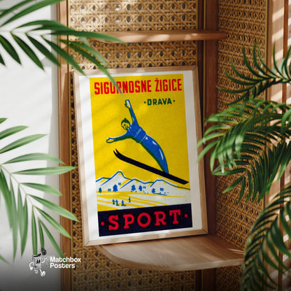 Ski Jumper - vintage matchbox label print - office wall
