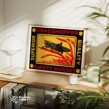 Grasshopper - vintage matchbox label print - office wall