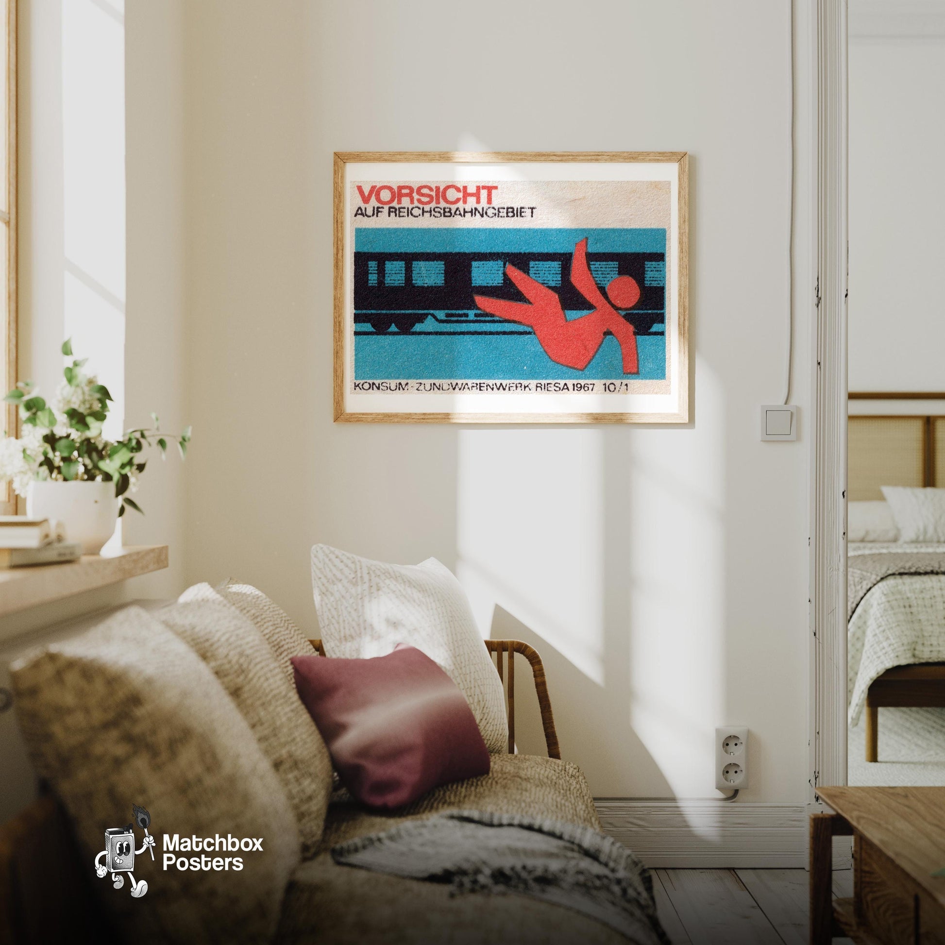 Falling Train - vintage matchbox label print - living room mockup