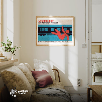 Falling Train - vintage matchbox label print - living room mockup