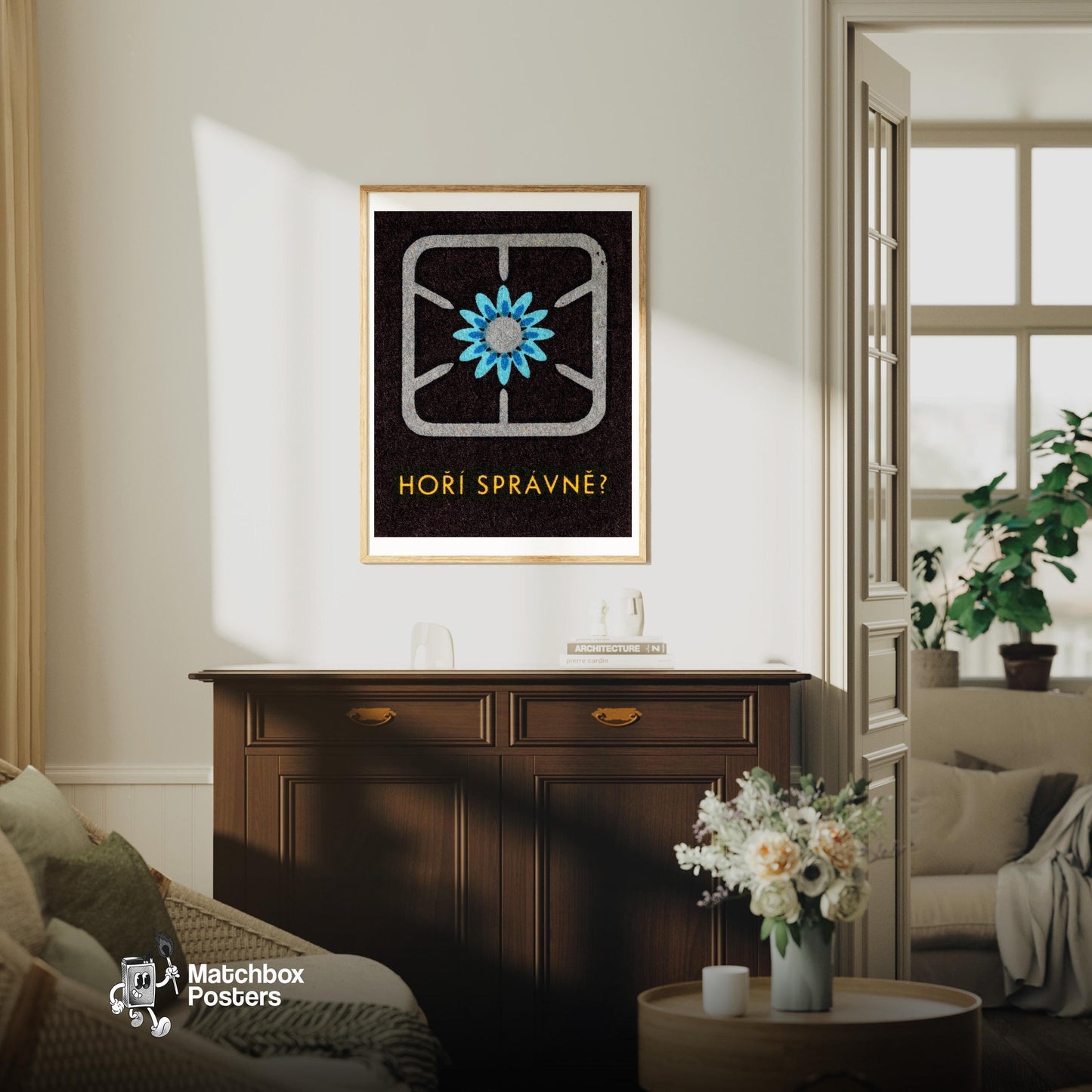 Stove Burner - vintage matchbox label print - living room mockup