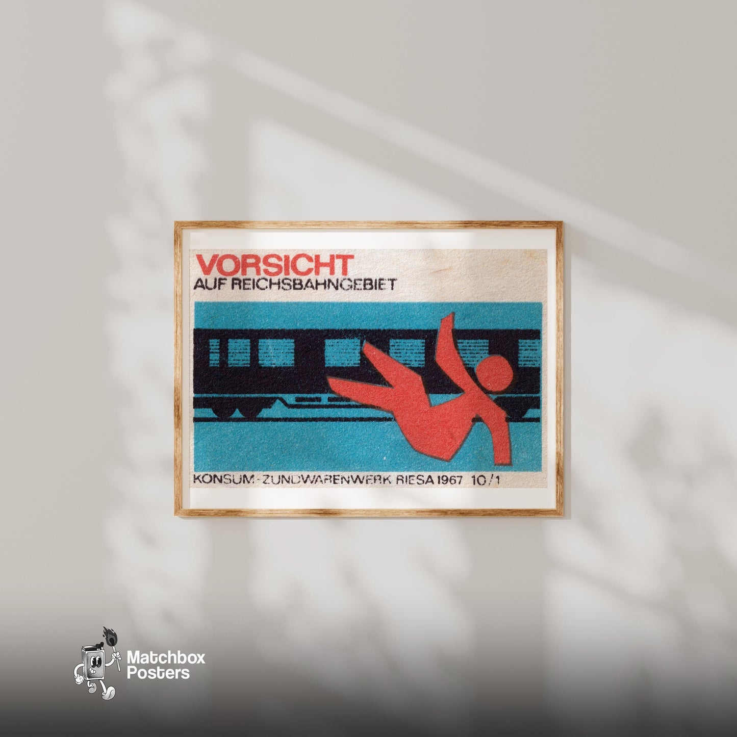 Falling Train - vintage matchbox label print - bedroom mockup