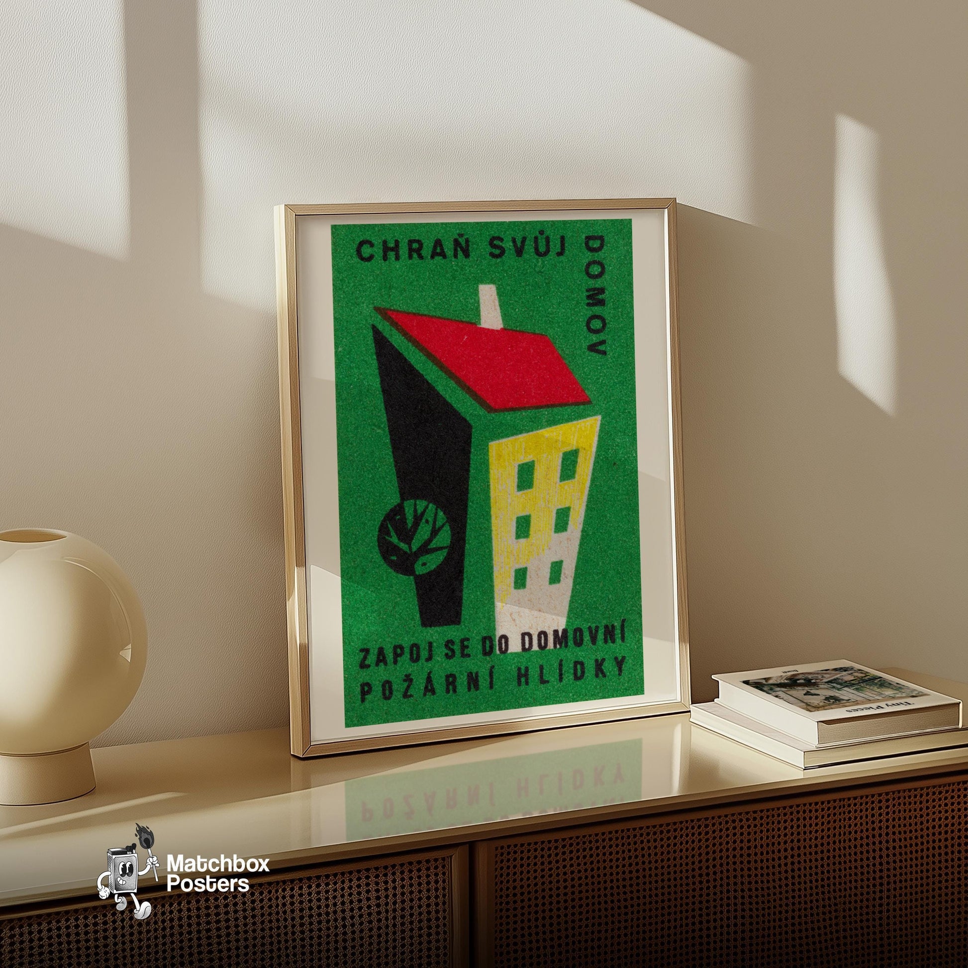 Geometric Building - vintage matchbox label print - size comparison