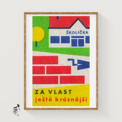 Kindergarten Building - vintage matchbox label print