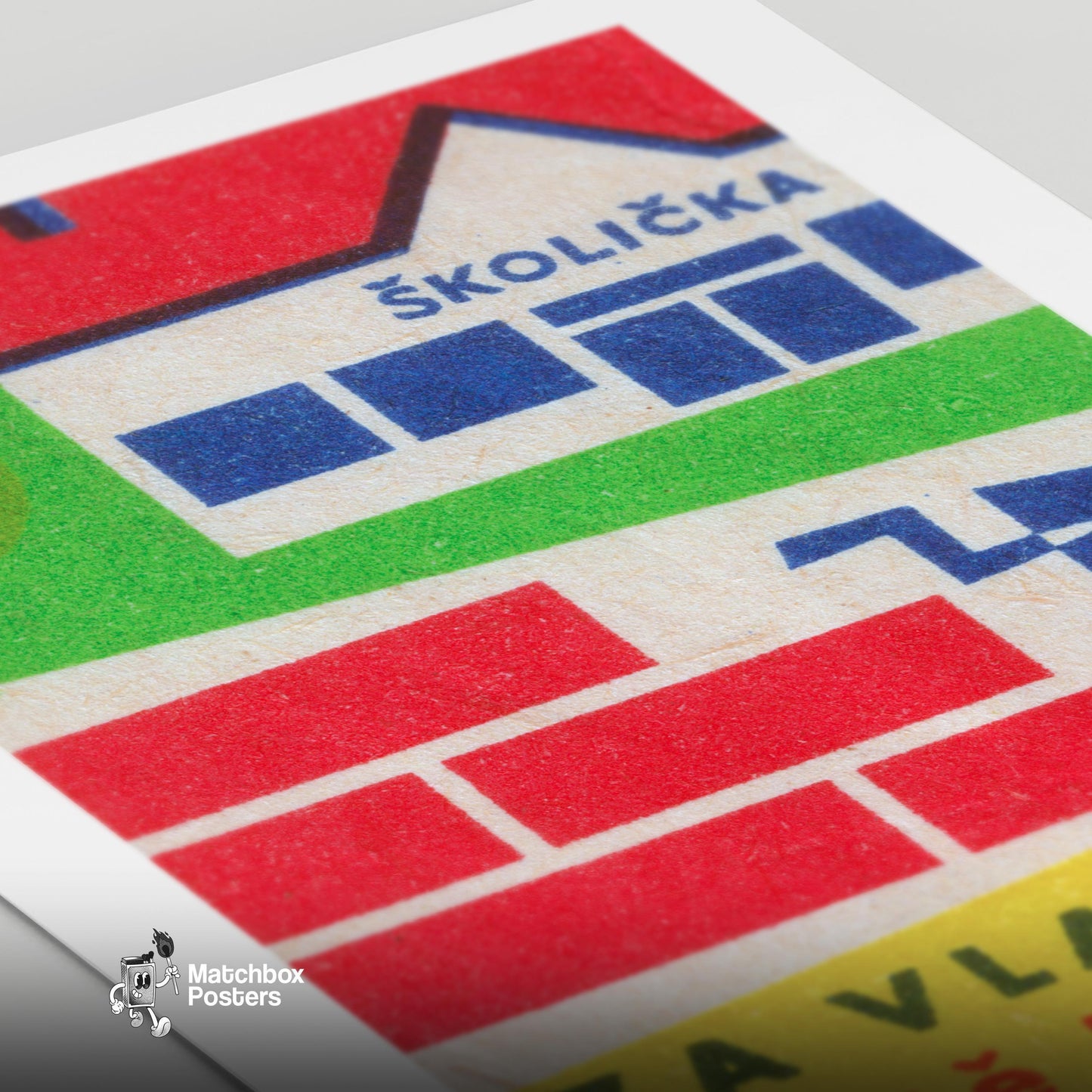 Kindergarten Building - vintage matchbox label print - close-up detail