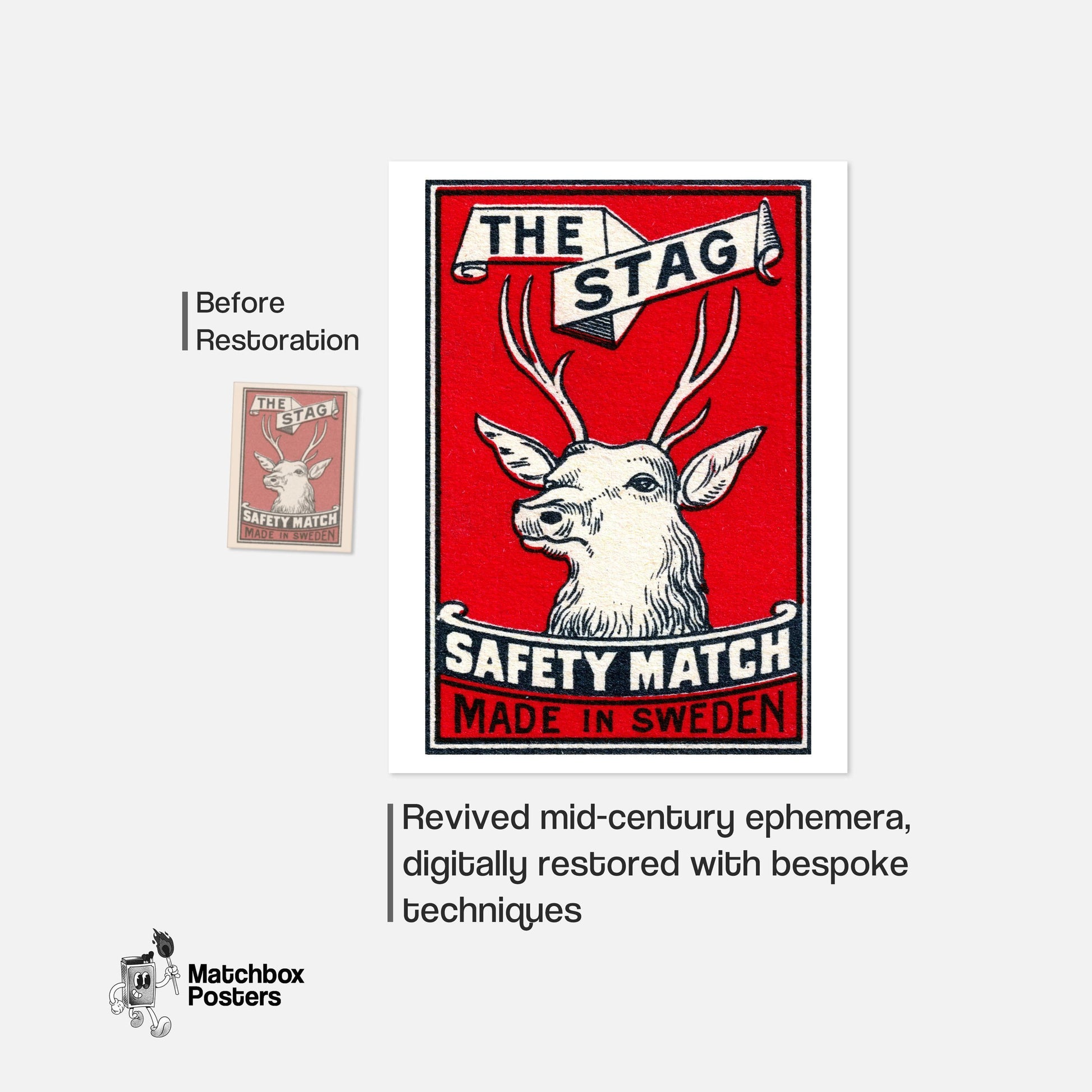 The Stag Deer - vintage matchbox label print - framed wall art preview