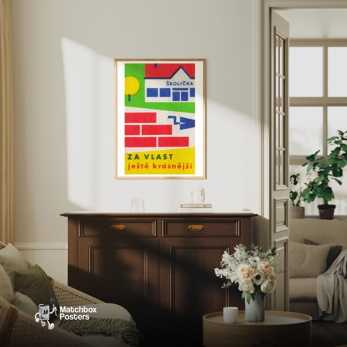 Kindergarten Building - vintage matchbox label print - living room mockup