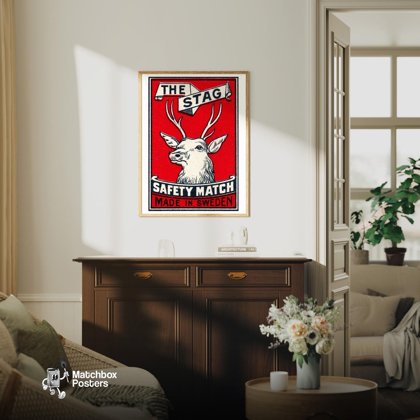 The Stag Deer - vintage matchbox label print - living room mockup