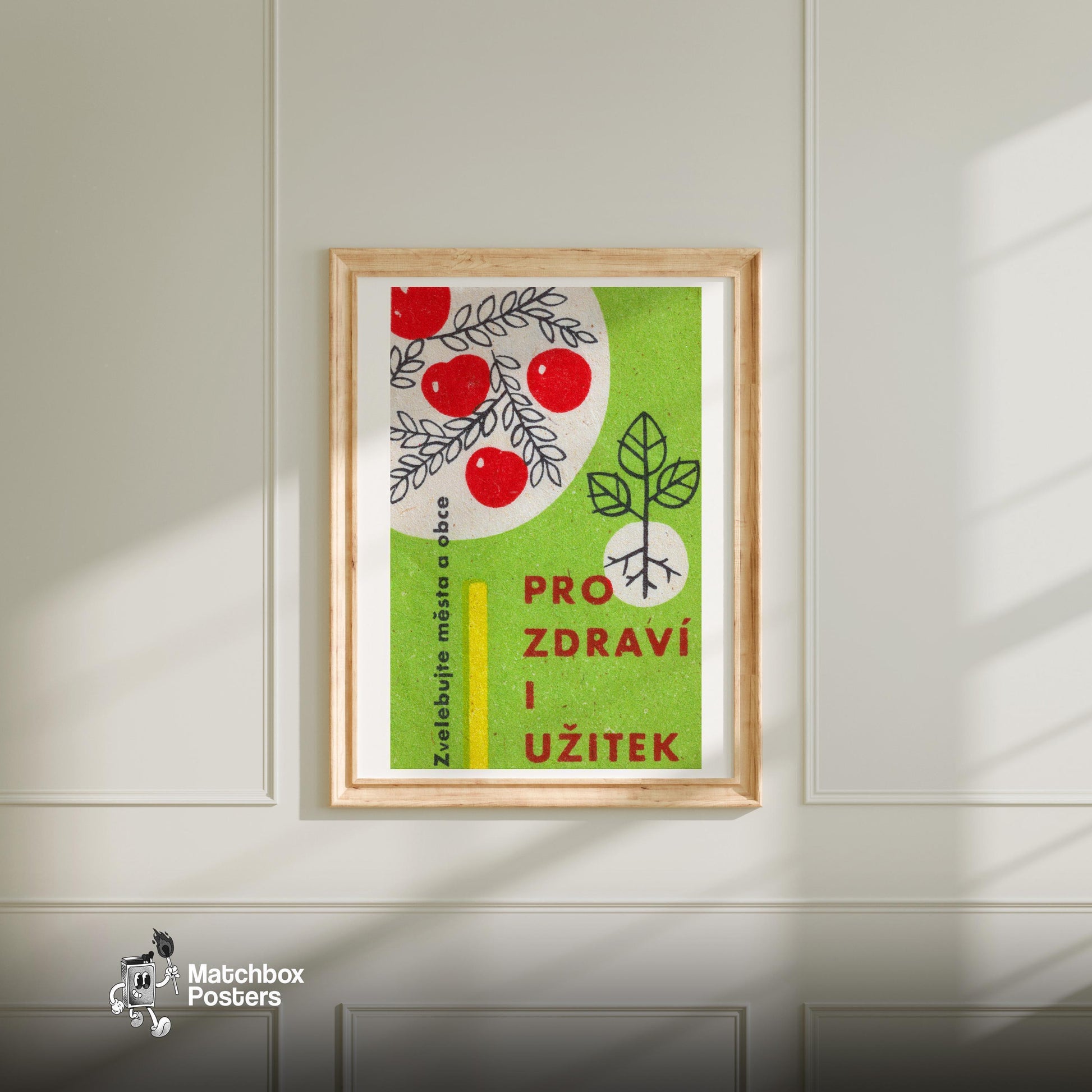 Red Berries - vintage matchbox label print - bedroom mockup