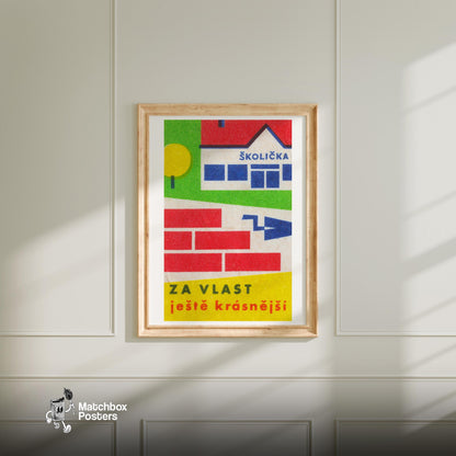 Kindergarten Building - vintage matchbox label print - bedroom mockup
