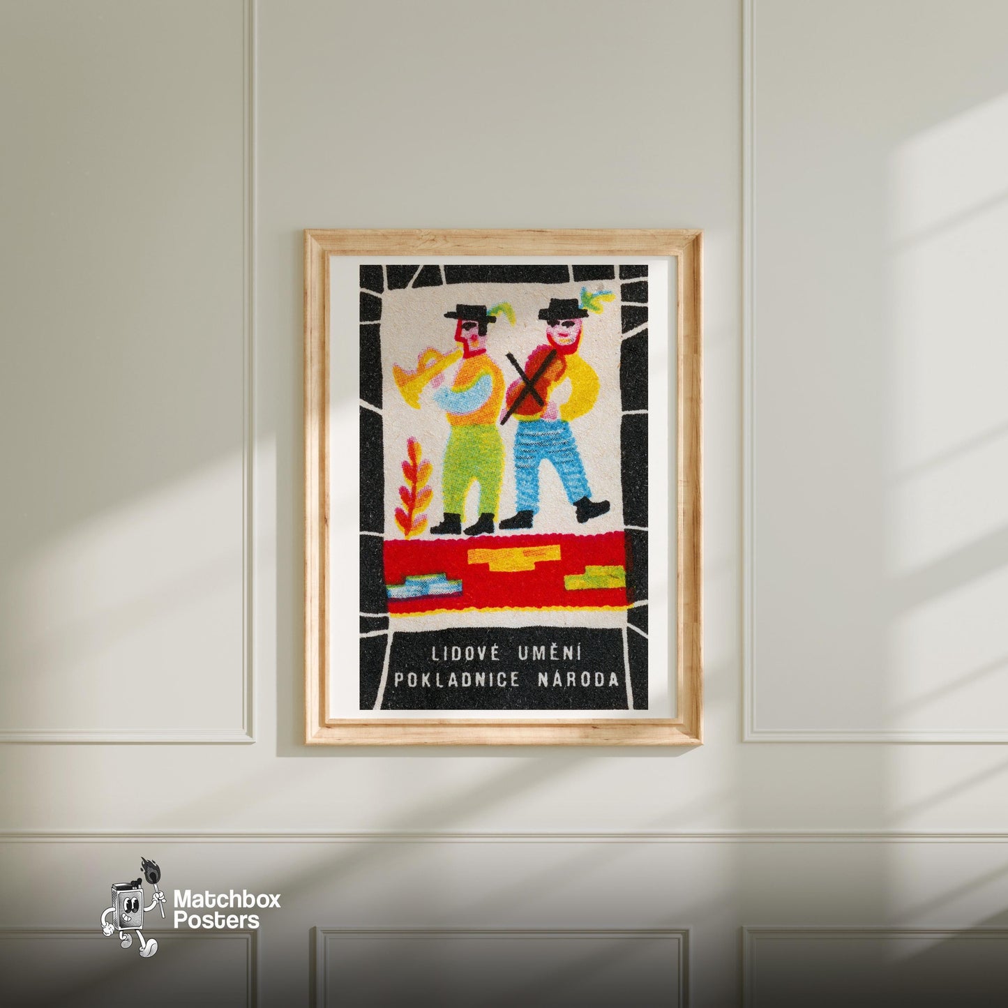 Dancing Musicians Folk Art - vintage matchbox label print - bedroom mockup