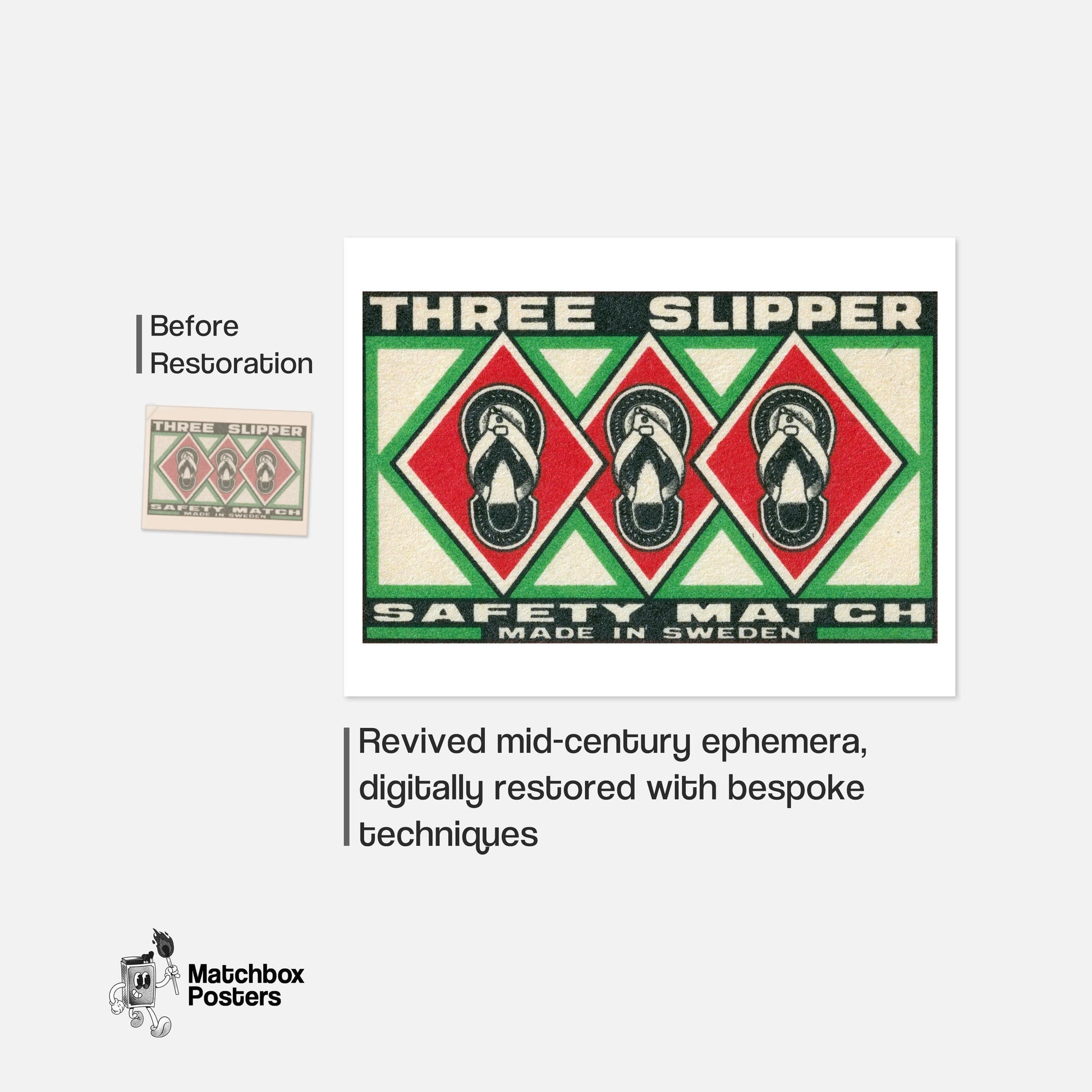 Three Slippers - vintage matchbox label print - framed wall art preview
