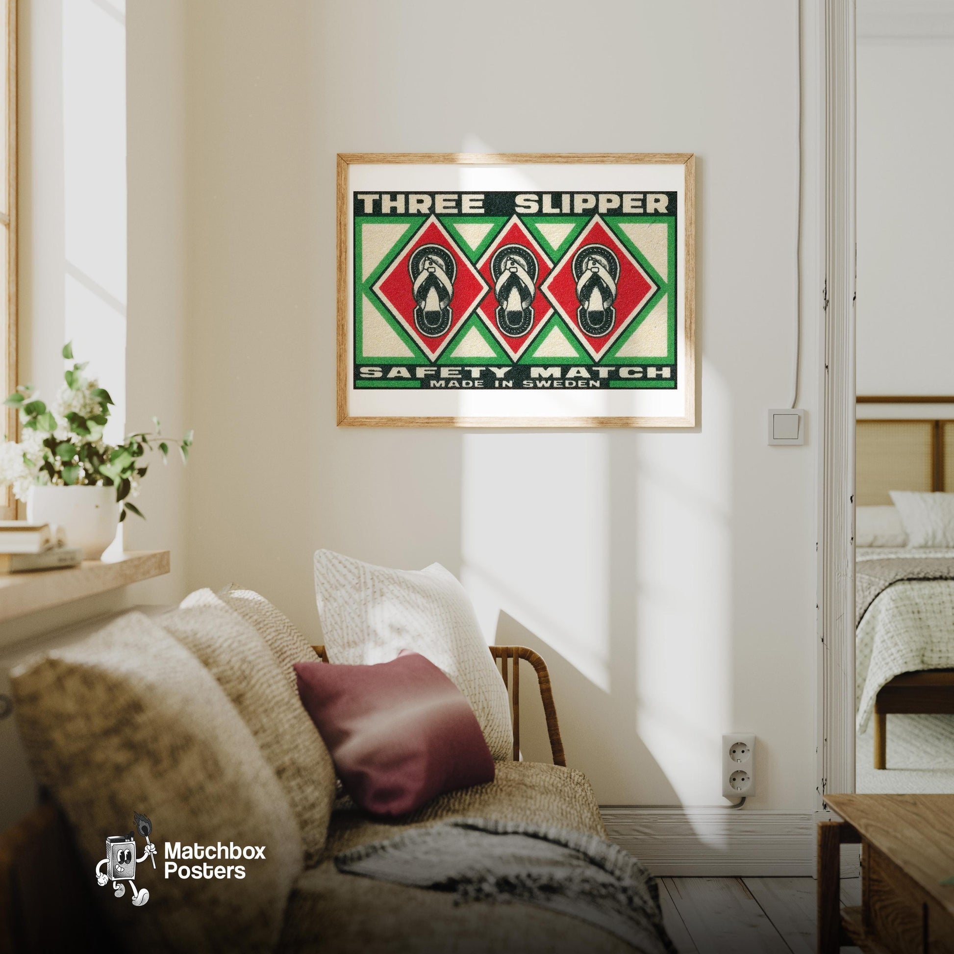 Three Slippers - vintage matchbox label print - living room mockup