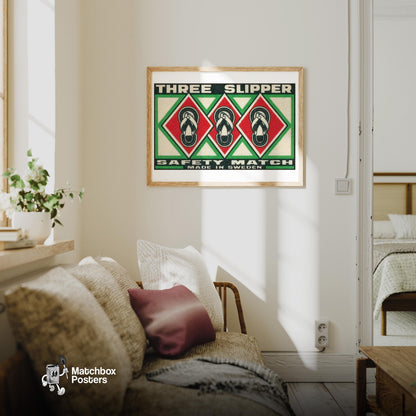 Three Slippers - vintage matchbox label print - living room mockup