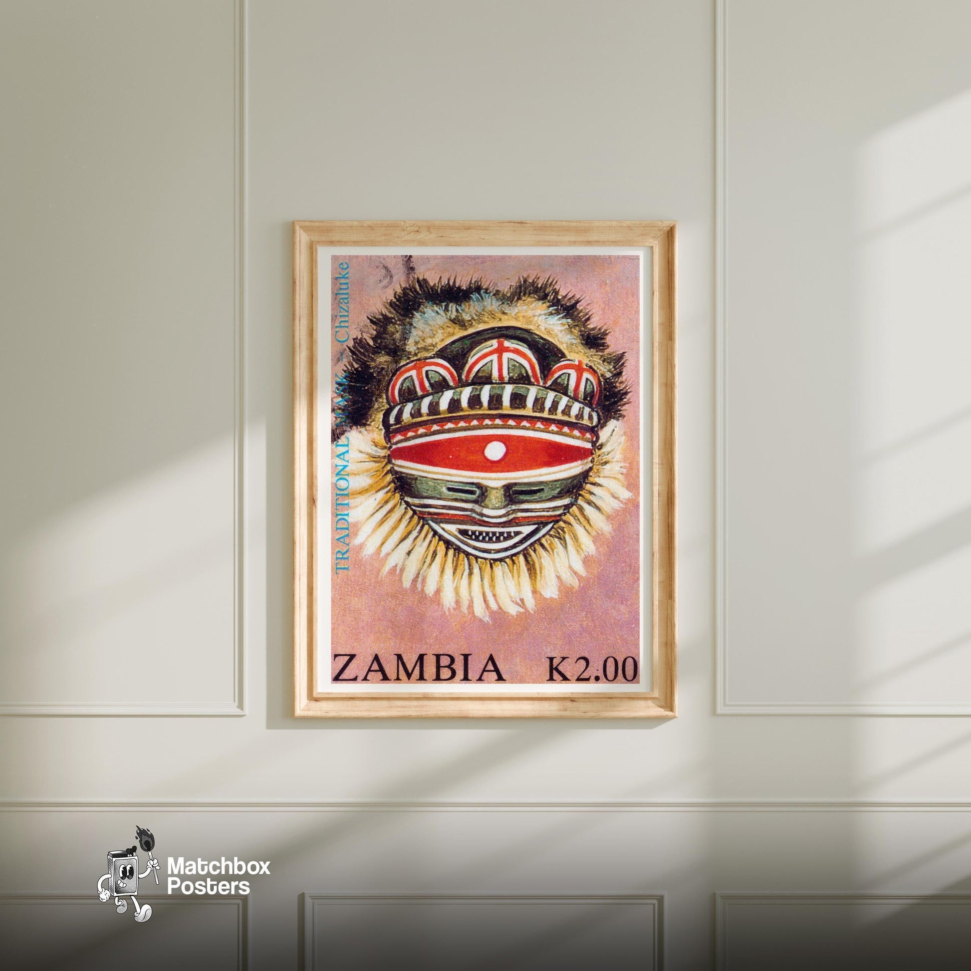 Traditional Zambian Mask - vintage matchbox label print - bedroom mockup