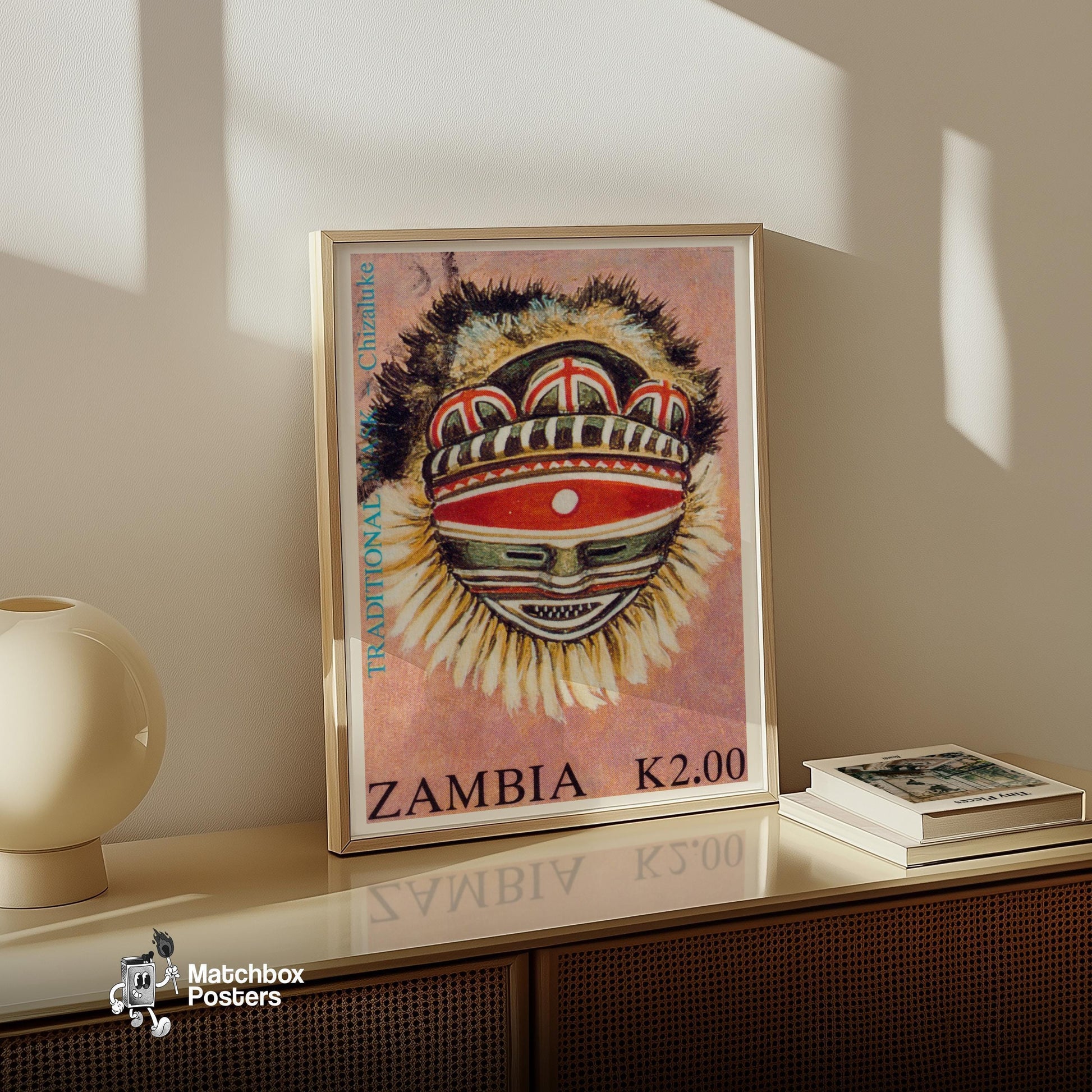 Traditional Zambian Mask - vintage matchbox label print - size comparison