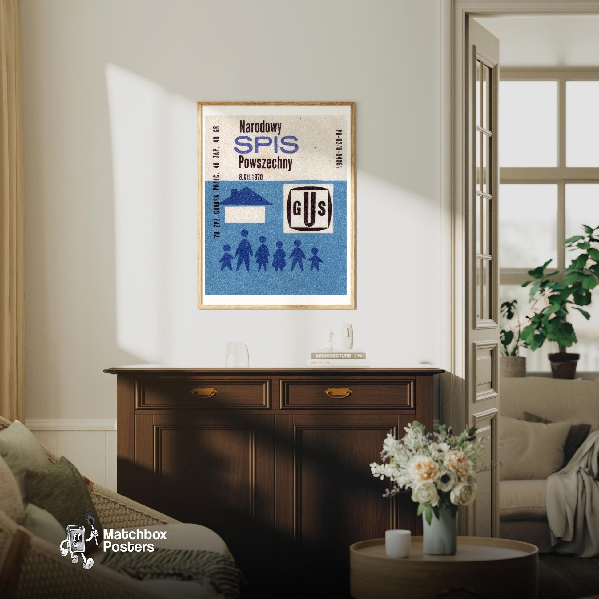 1970 National Census - vintage matchbox label print - living room mockup