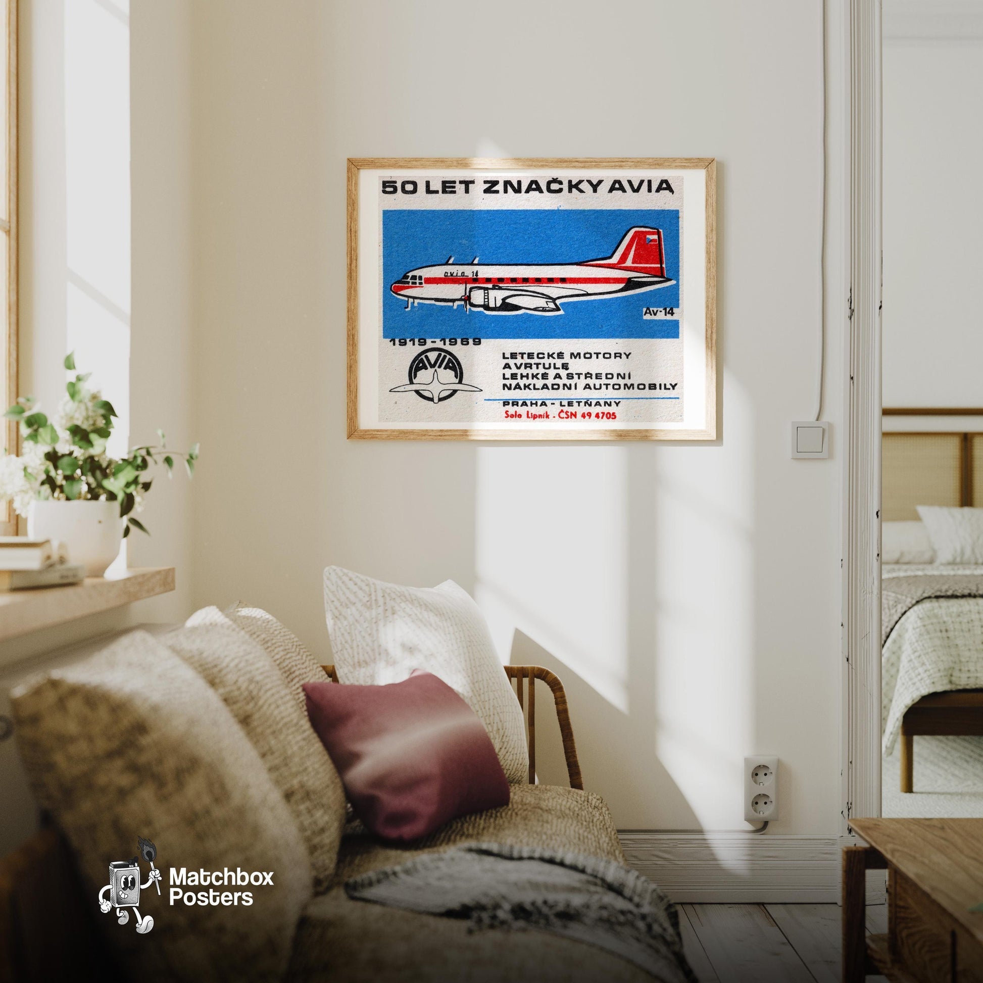 Red Vintage Aeroplane - vintage matchbox label print - living room mockup