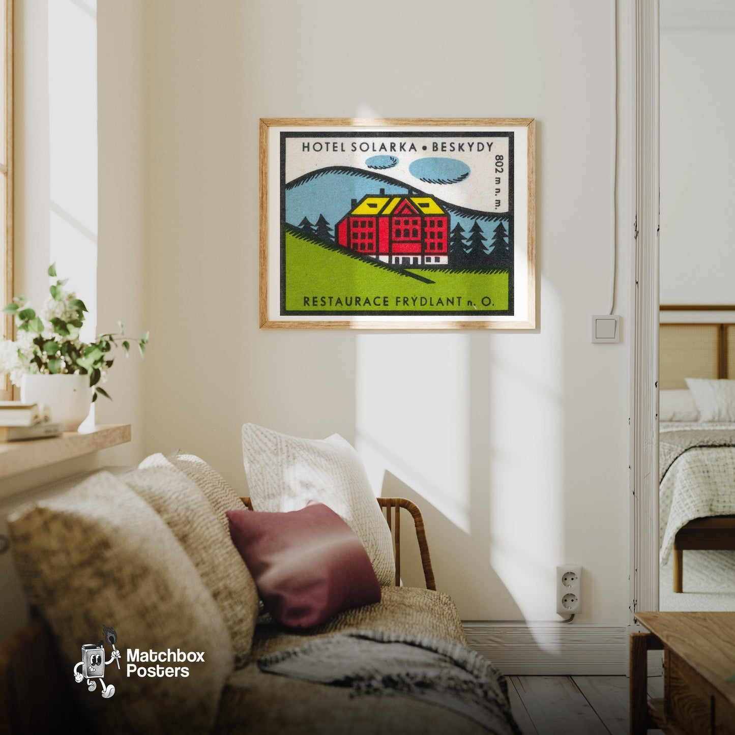 Solarka Hotel - vintage matchbox label print - living room mockup