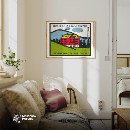 Solarka Hotel - vintage matchbox label print - living room mockup
