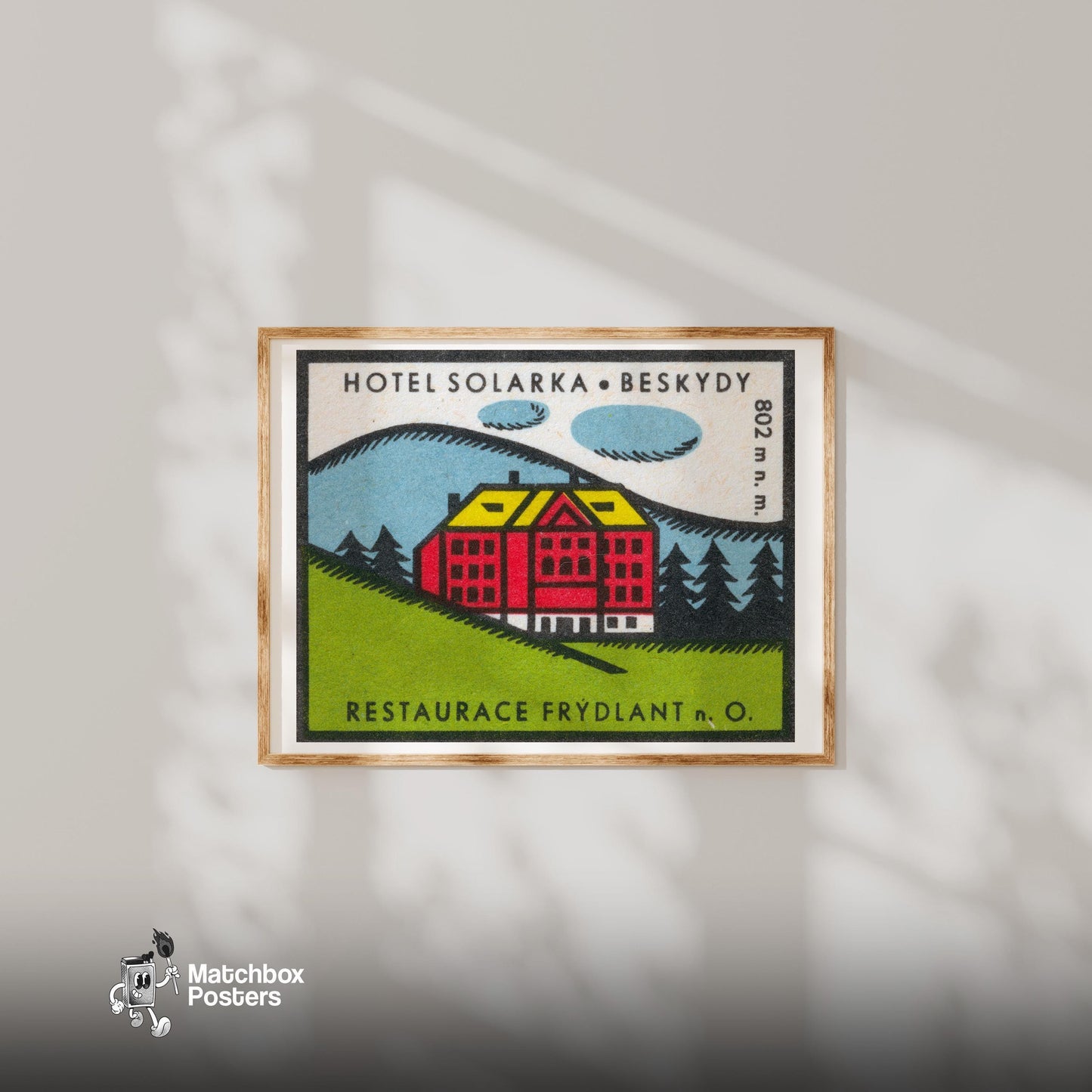 Solarka Hotel - vintage matchbox label print - bedroom mockup