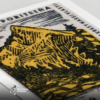 Yellow Mountain - vintage matchbox label print - close-up detail