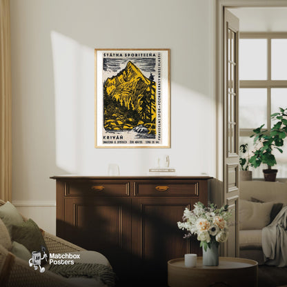 Yellow Mountain - vintage matchbox label print - living room mockup