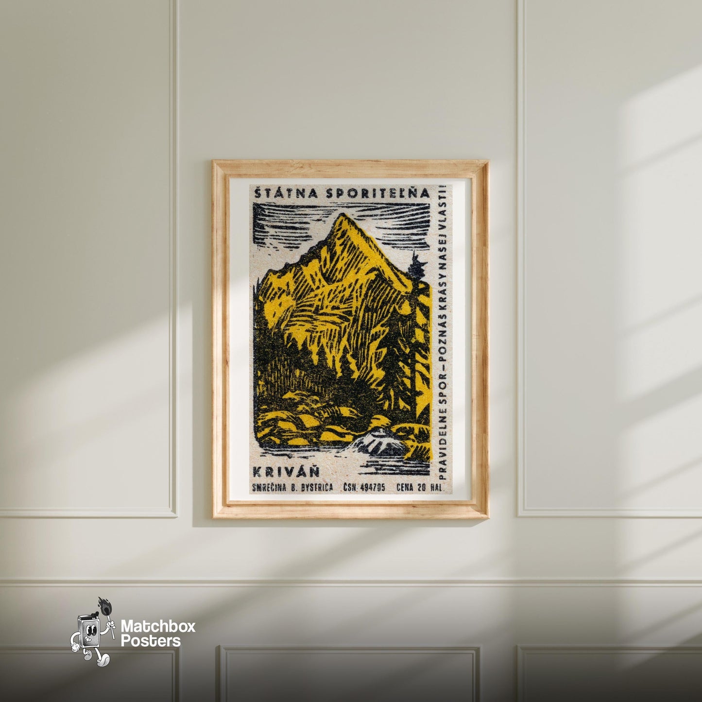 Yellow Mountain - vintage matchbox label print - bedroom mockup