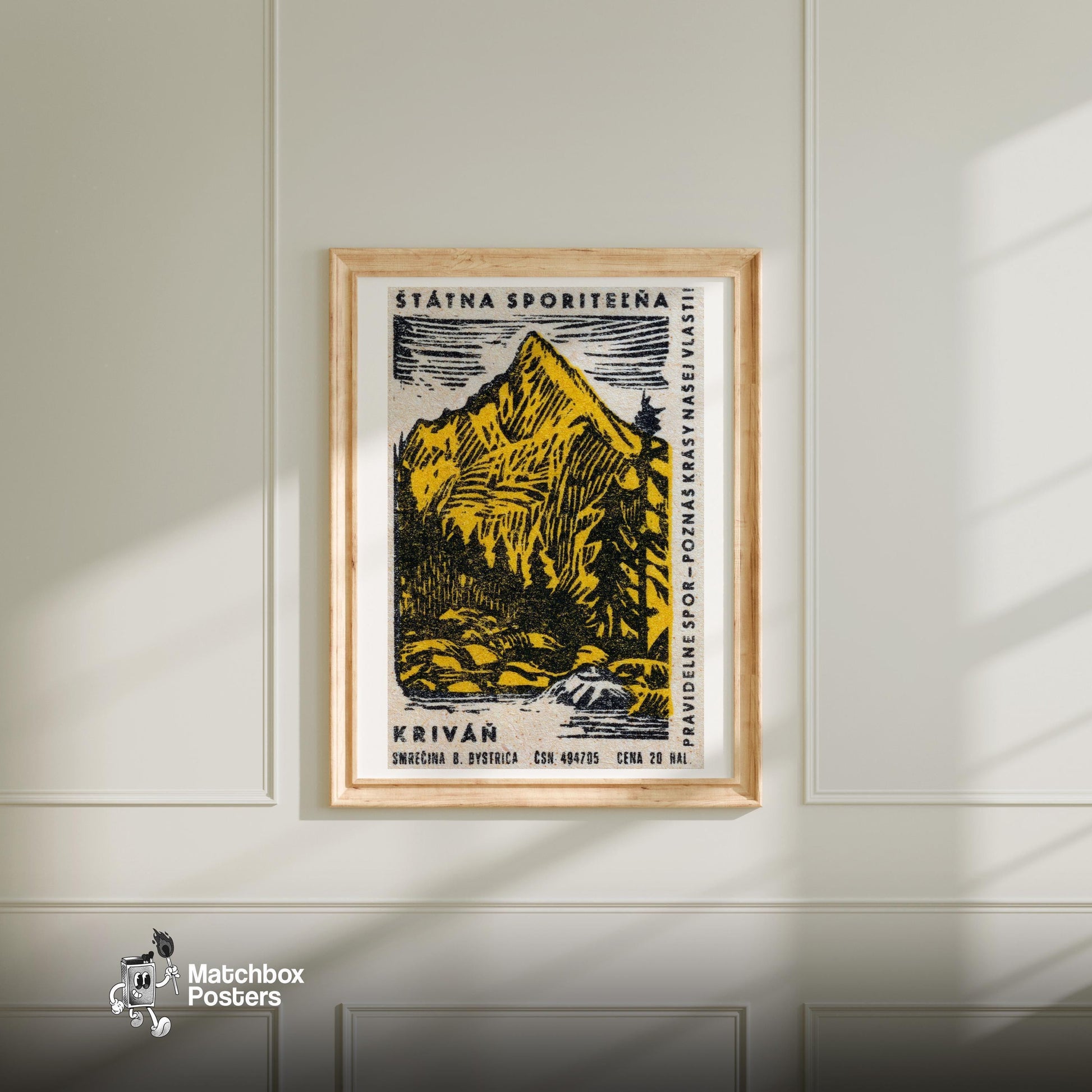 Yellow Mountain - vintage matchbox label print - bedroom mockup
