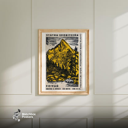 Yellow Mountain - vintage matchbox label print - bedroom mockup