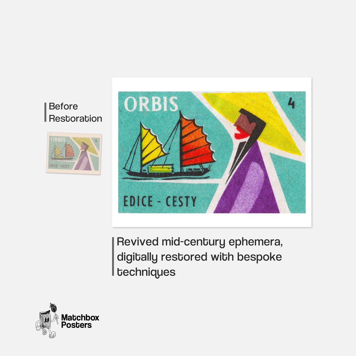 Sailboat - vintage matchbox label print - framed wall art preview