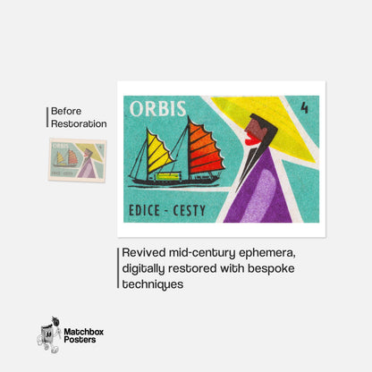 Sailboat - vintage matchbox label print - framed wall art preview