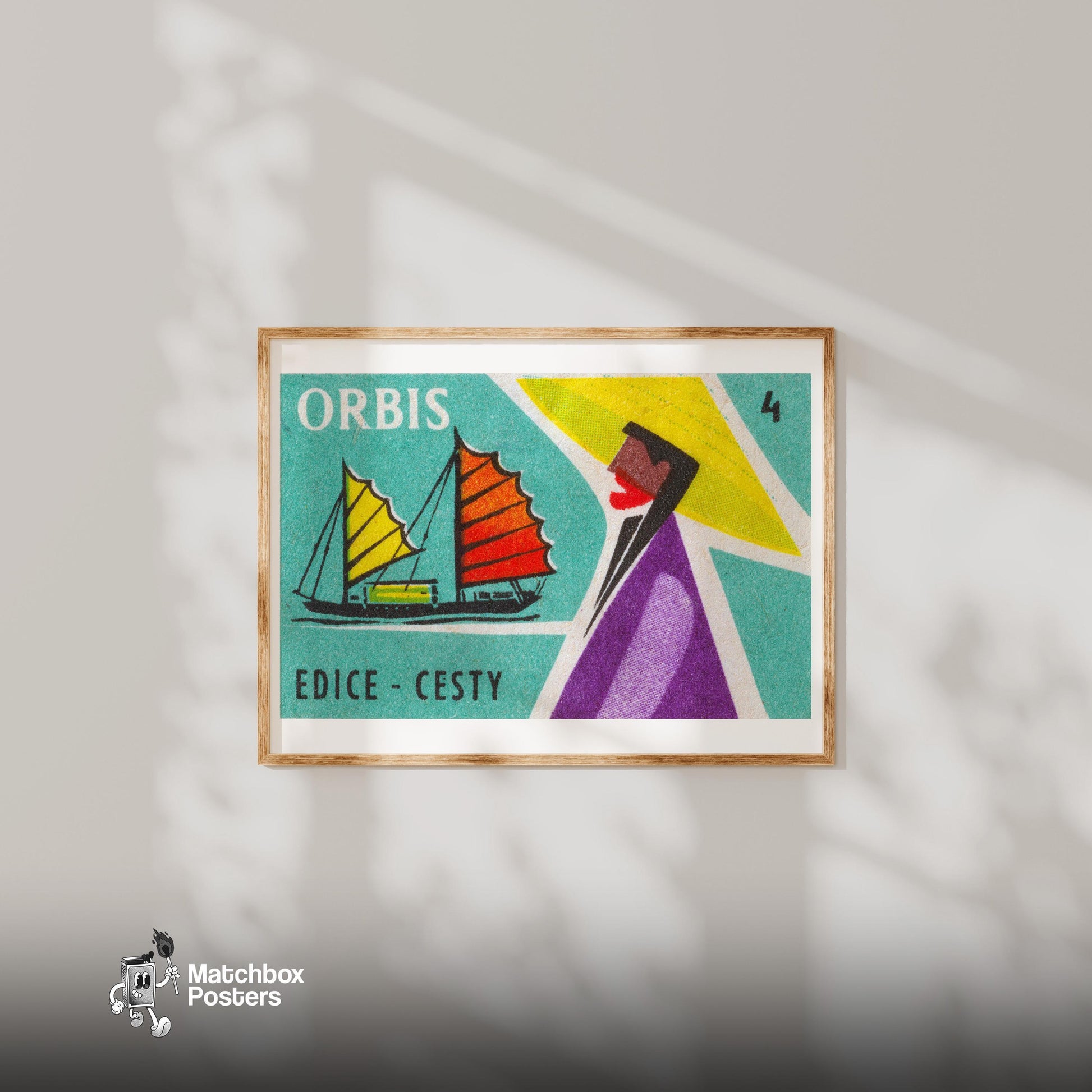 Sailboat - vintage matchbox label print - bedroom mockup