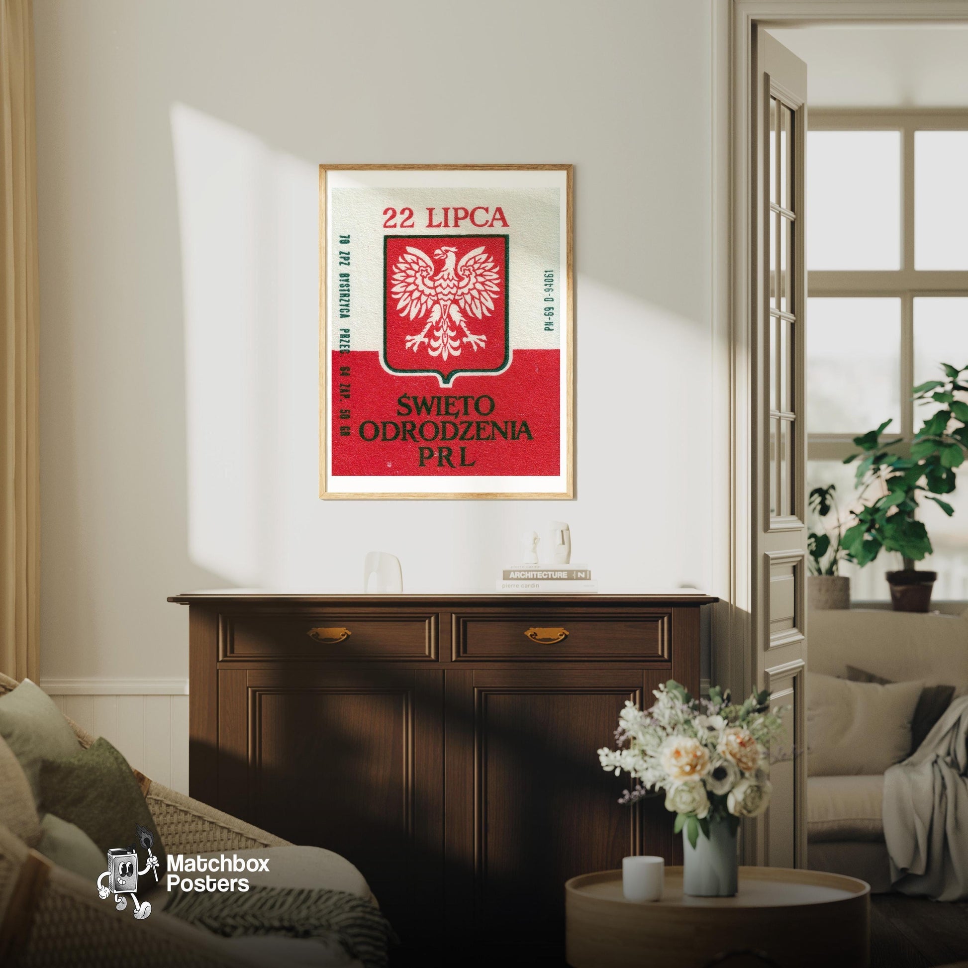 Polish Eagle Emblem - vintage matchbox label print - living room mockup