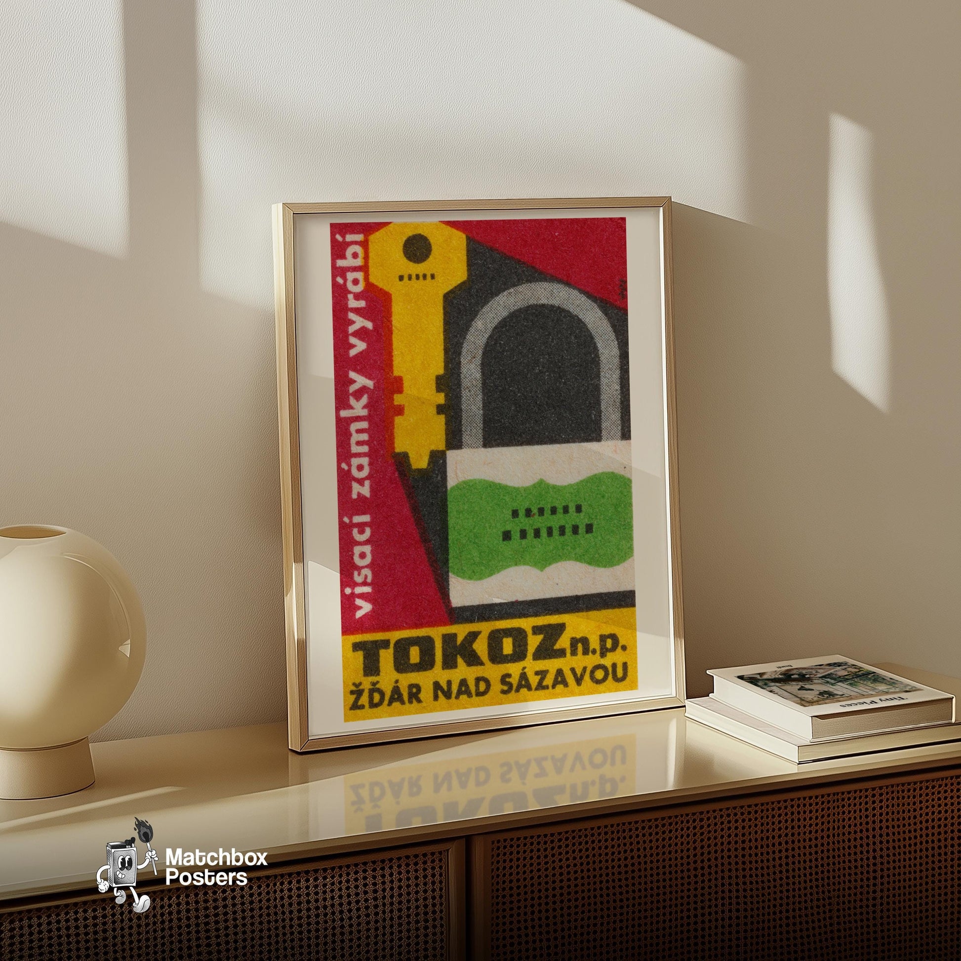 Key and Lock - vintage matchbox label print - bedroom mockup