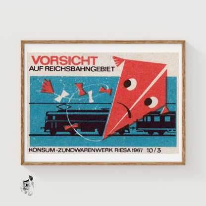 Kite Over Train Tracks - vintage matchbox label print