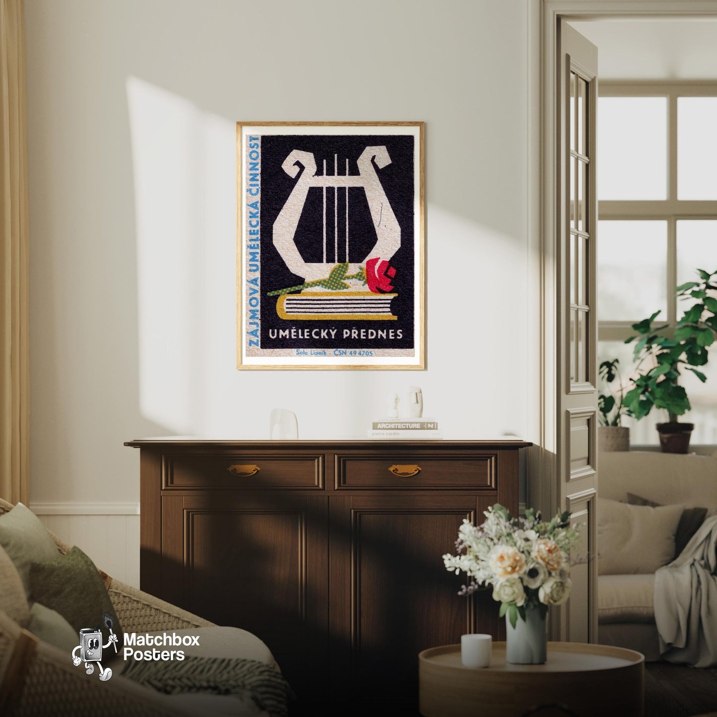 Lyre and Rose - vintage matchbox label print - living room mockup