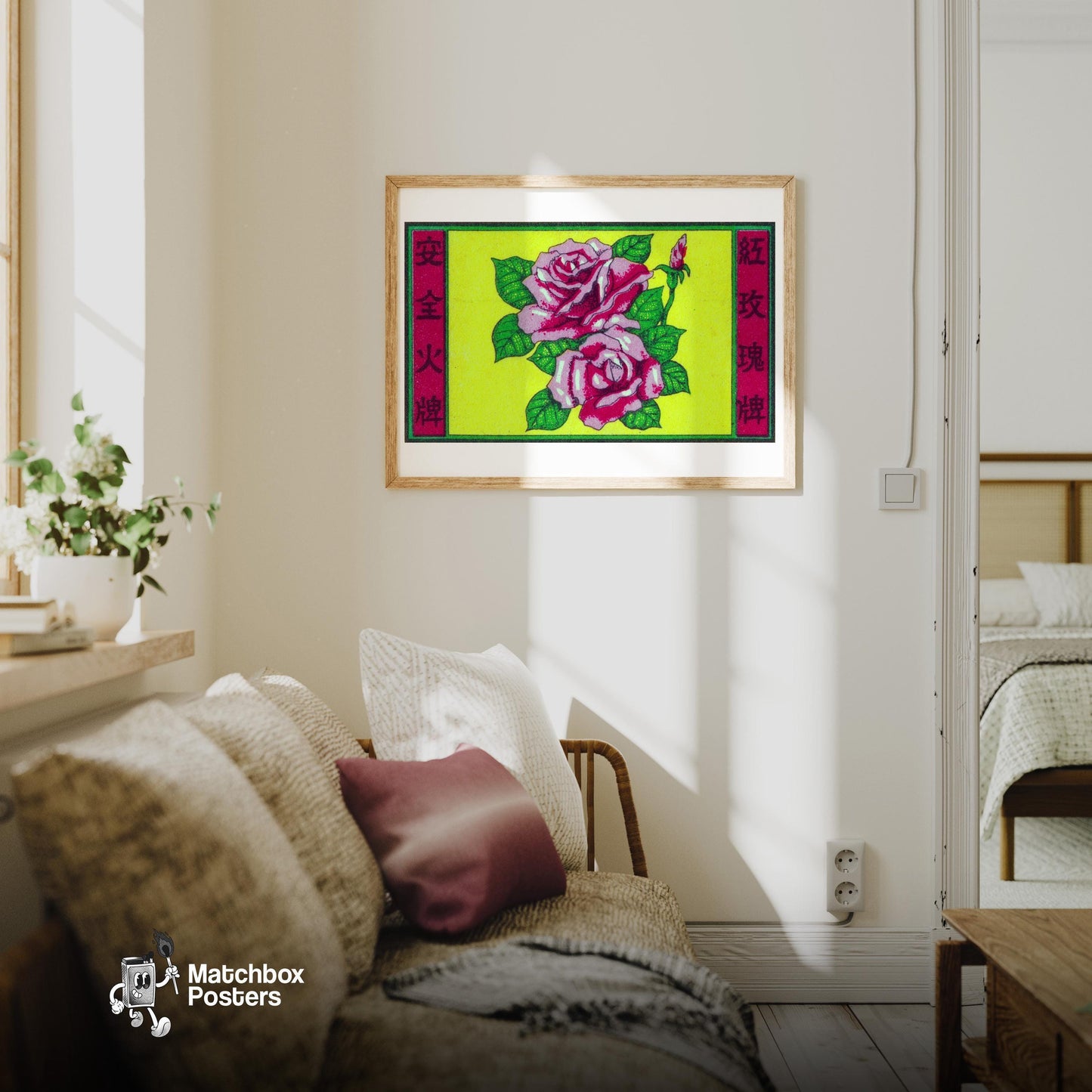 Pink Roses - vintage matchbox label print - living room mockup