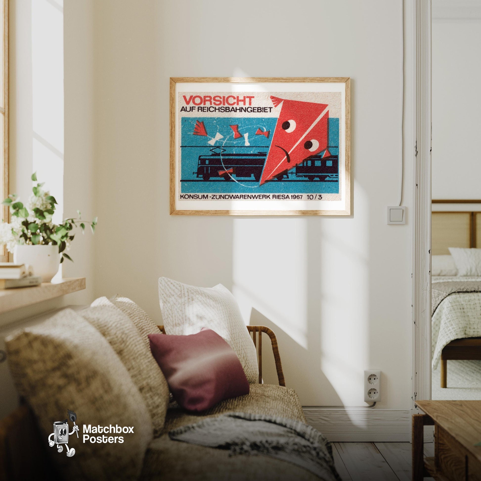 Kite Over Train Tracks - vintage matchbox label print - living room mockup