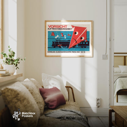 Kite Over Train Tracks - vintage matchbox label print - living room mockup