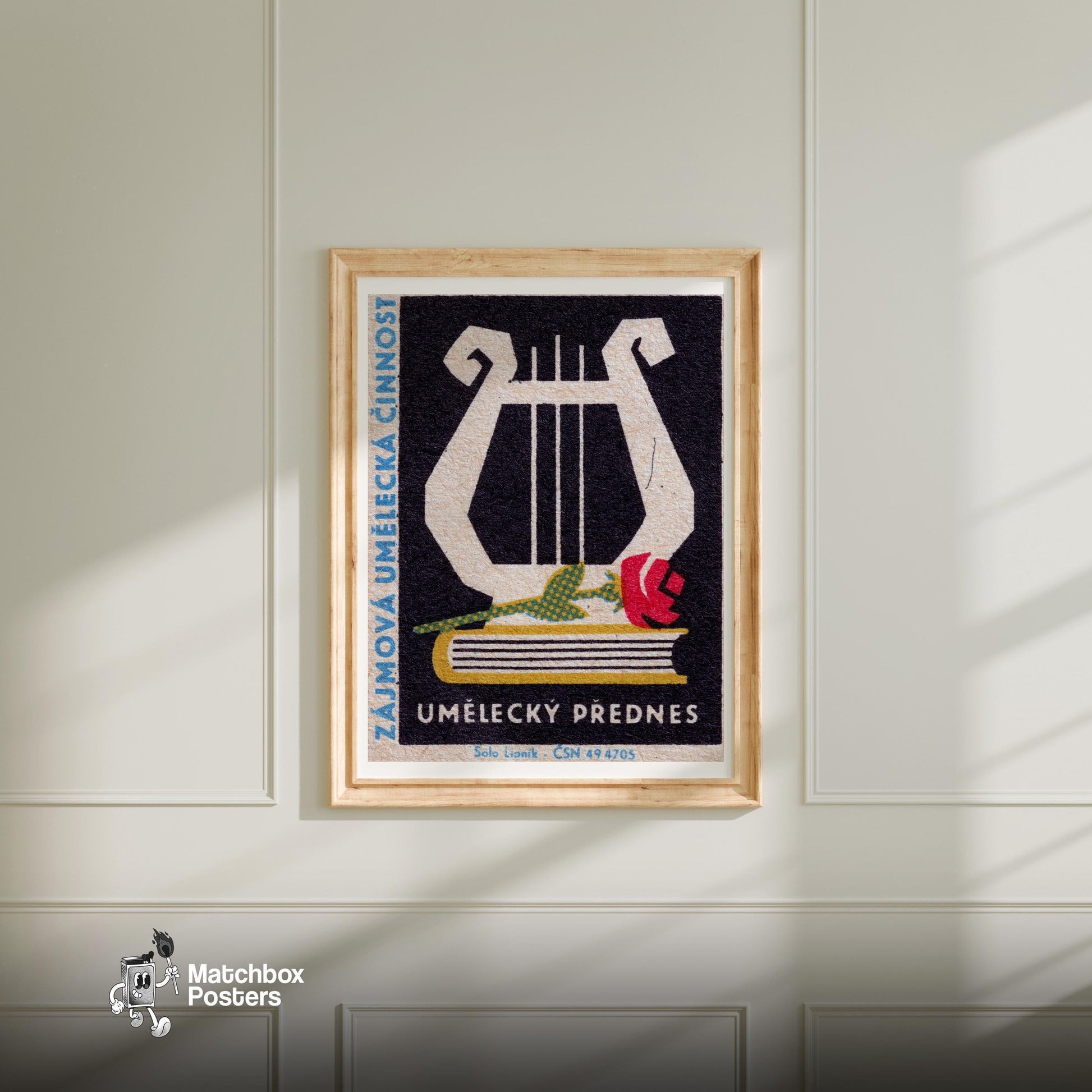Lyre and Rose - vintage matchbox label print - bedroom mockup