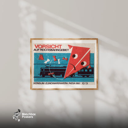 Kite Over Train Tracks - vintage matchbox label print - bedroom mockup