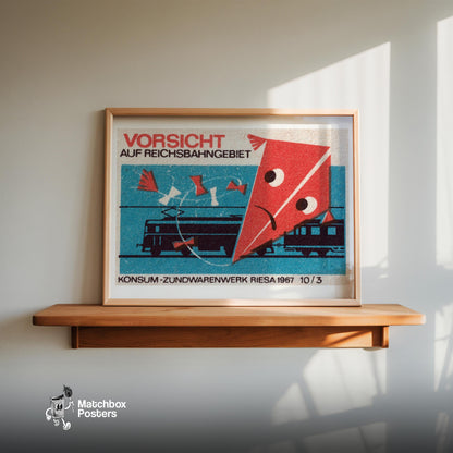 Kite Over Train Tracks - vintage matchbox label print - size comparison