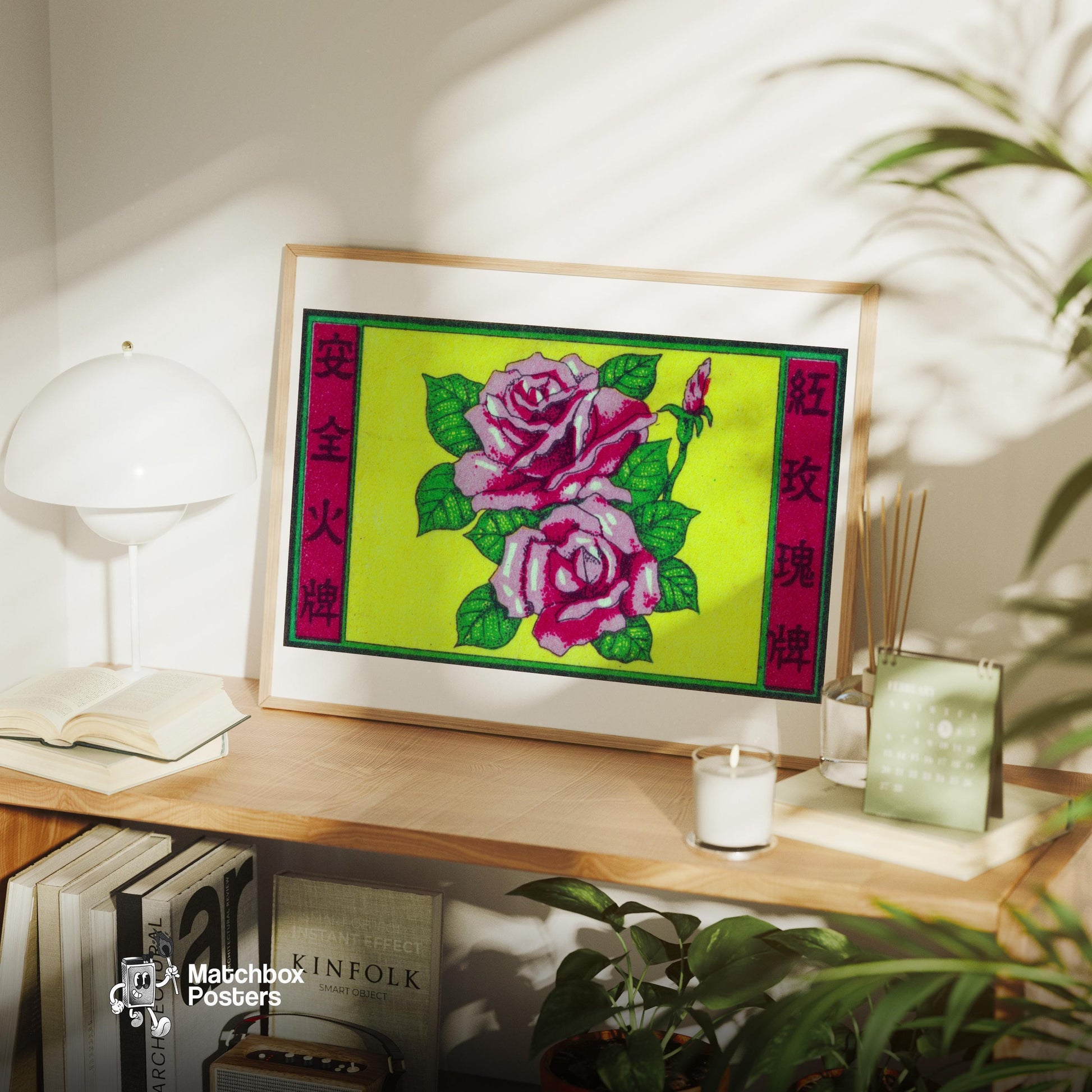 Pink Roses - vintage matchbox label print - office wall